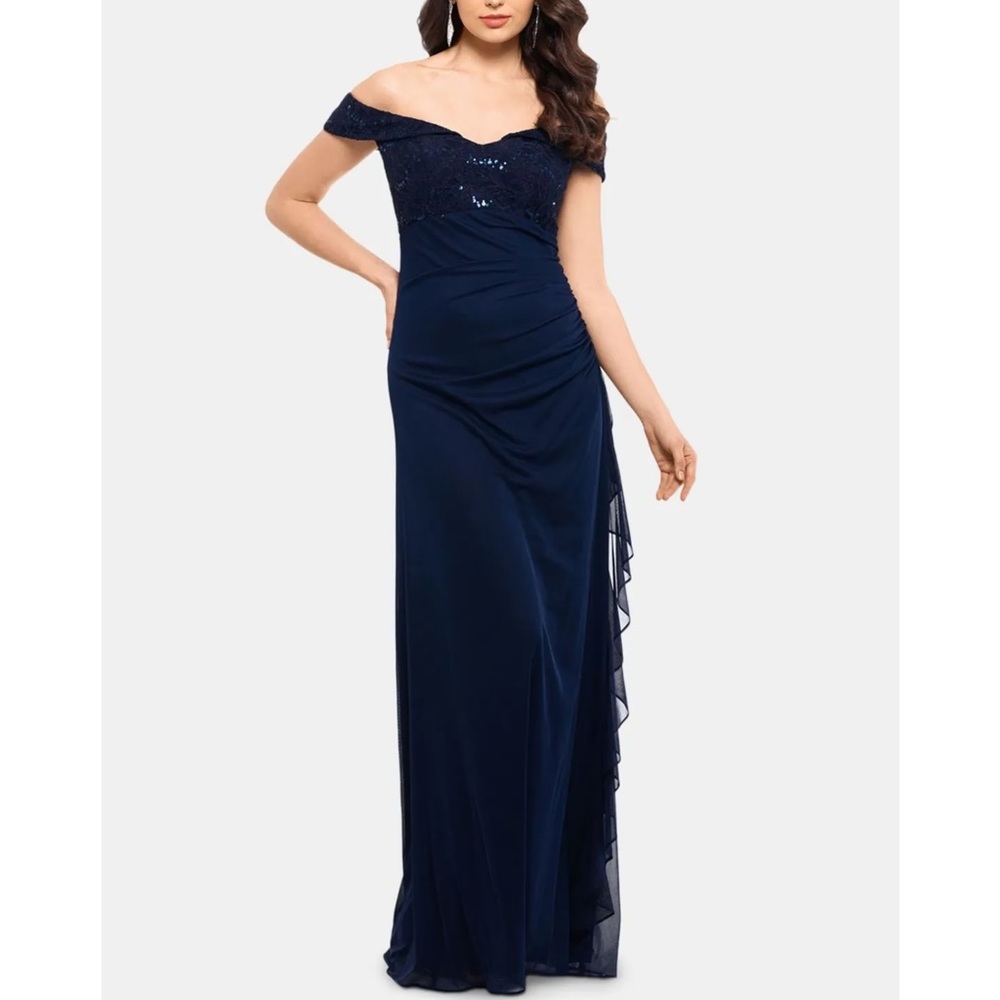 Women’s Formal Dress Size 14 P BETSY & ADAM Navy Off The Shoulder Ruched Sequins